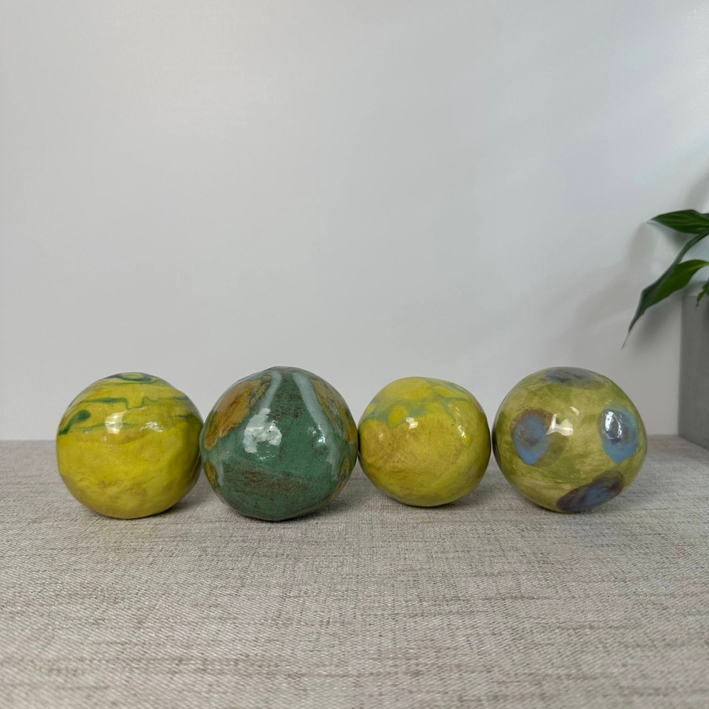 Studio Pottery Ceramic Decorative Orbs Set of 4 Green Yellow Glazed Spheres